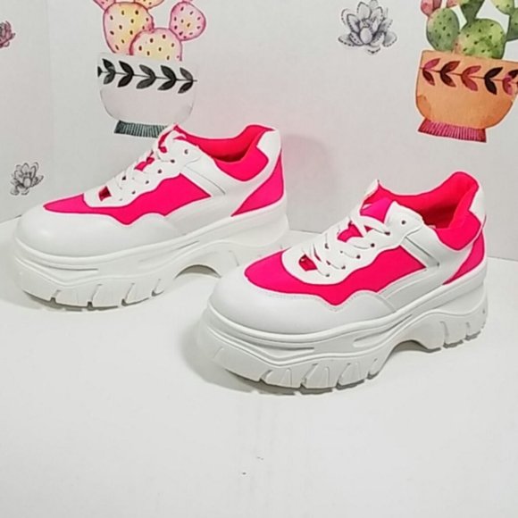 NEW!!!  Platform Fashion Sneaker - White Upper w/ Neon Pink Panels - Lace-Up - Picture 5 of 8